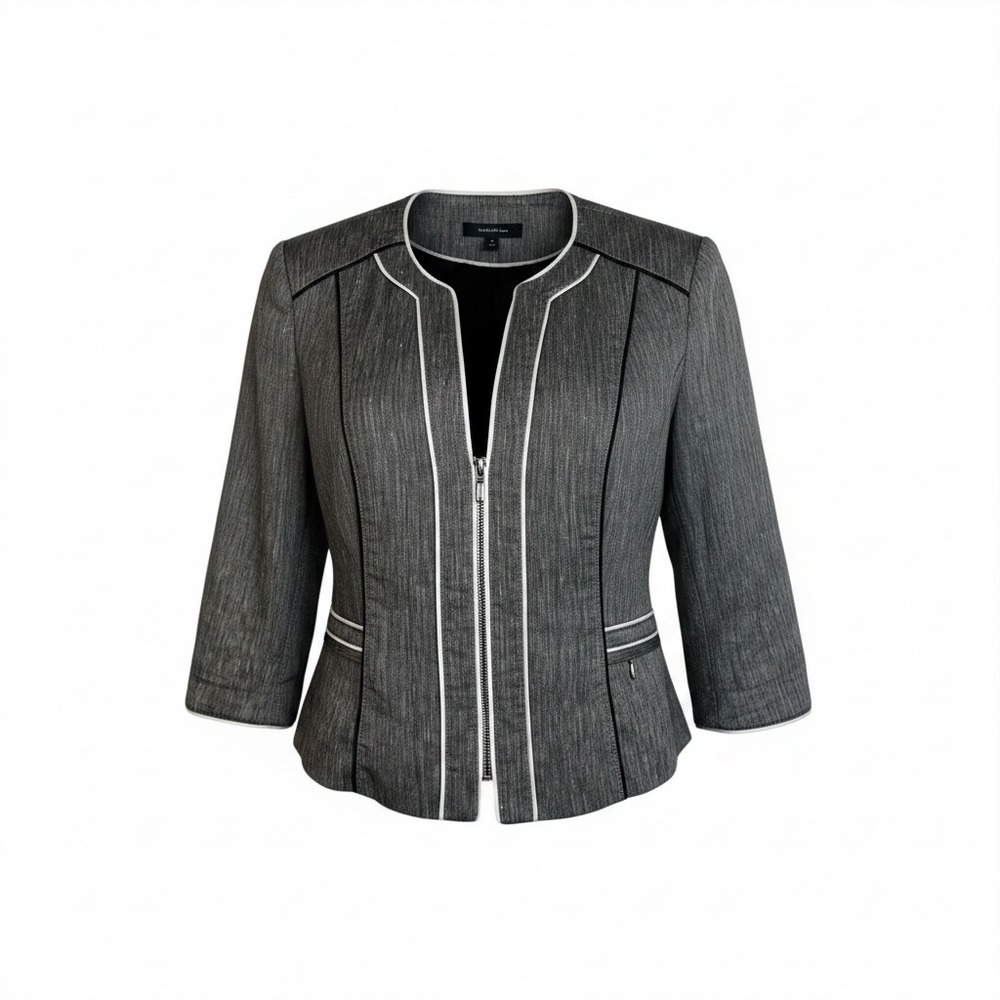 White House Black Market‎ Grey Linen Blend Zip Front Blazer Jacket Size 8